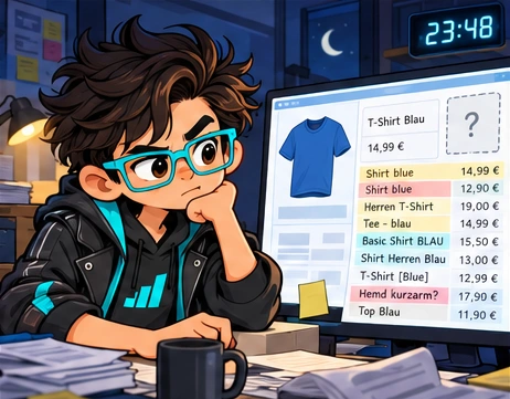 Pimler entdeckt spät nachts ein blaues Shirt mit unterschiedlichen Namen und Preisen sowie einem fehlenden Produktfoto.