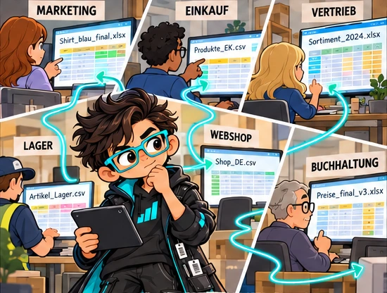 Pimler verfolgt die getrennten Tabellen von Marketing, Einkauf, Vertrieb, Lager, Webshop und Buchhaltung.
